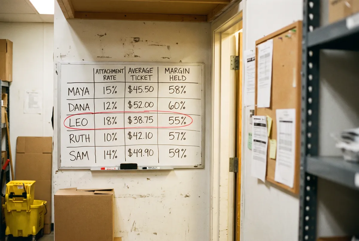 A hand-drawn leaderboard in black marker on a stockroom whiteboard: five first names down the left and three columns headed attachment rate, average ticket and margin held, one row ringed in red, with a mop bucket, cardboard cartons and a notice board around it