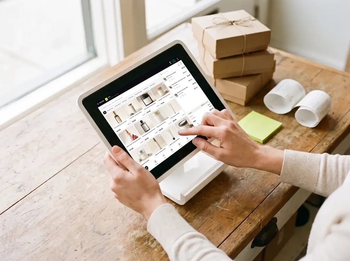 Overhead view of two hands touching a tablet point-of-sale screen showing a product grid, mounted on a white stand on a wooden counter, beside a stack of small brown boxes tied with string and two unspooled paper receipt rolls, lit by daylight from a window.