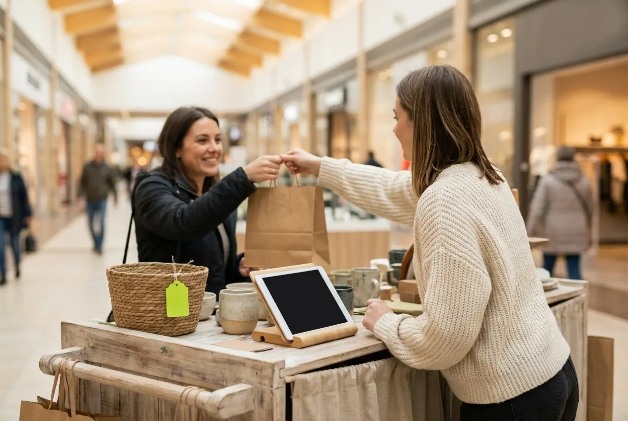 Two women at a wooden mall kiosk cart: one hands a brown paper shopping bag across the counter to the other, both smiling, with a tablet point-of-sale propped on a stand between them and shoppers walking the mall corridor behind.