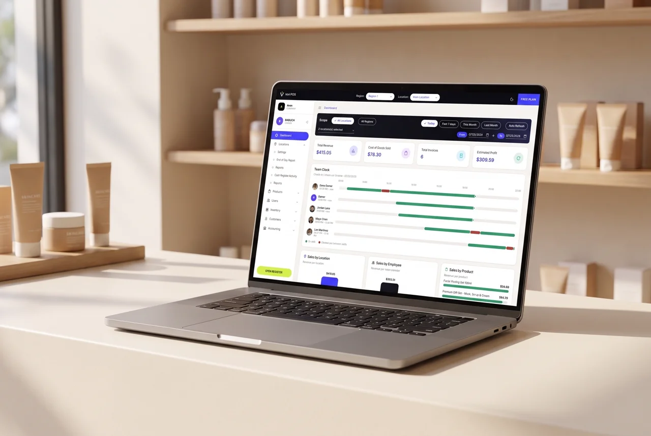 A laptop open on a pale boutique counter showing the VoVi back-office dashboard, with tiles for Total Revenue, Cost of Goods Sold, Total Invoices and Estimated Profit; skincare bottles line the shelves behind it in soft window light.