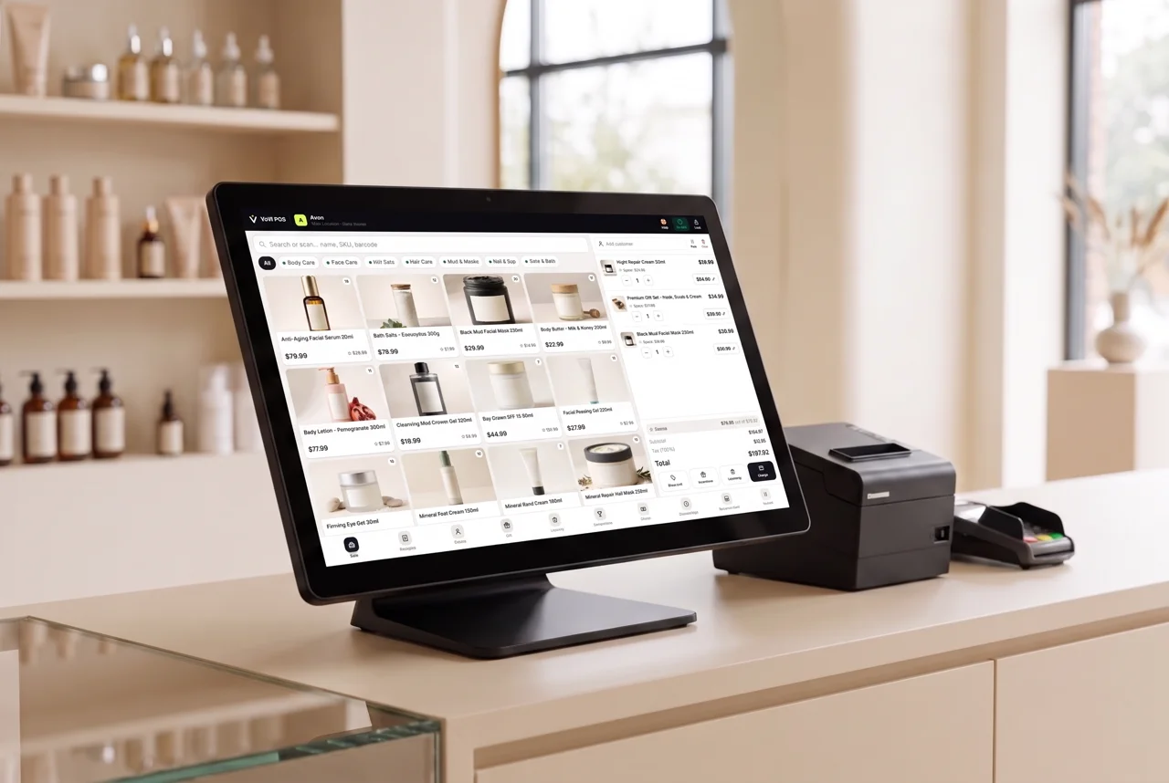 A boutique checkout counter with a countertop point-of-sale terminal, receipt printer and card reader, product shelves and a daylit window behind it.