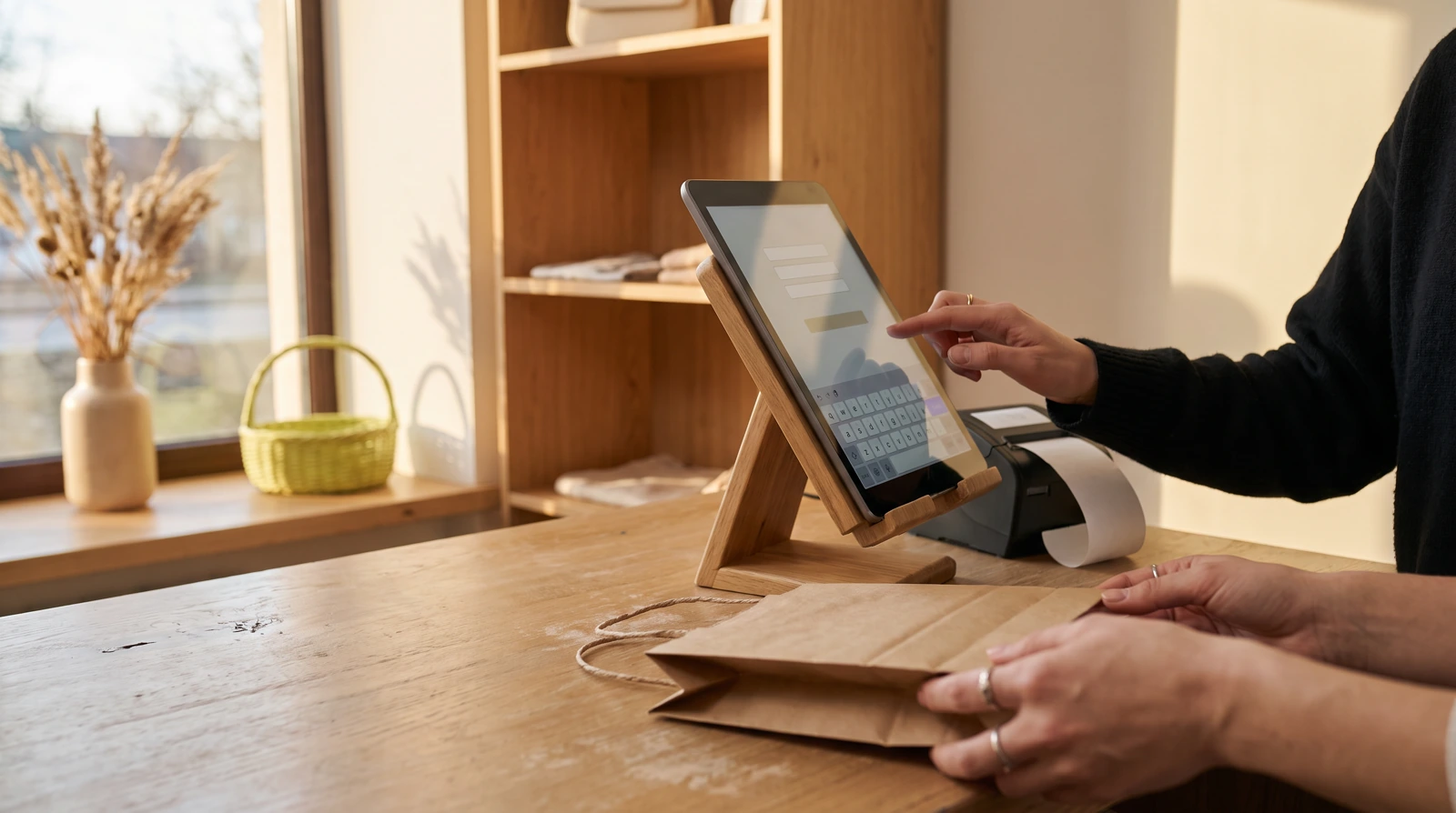 A first-time customer's hands taking a small kraft paper bag across a wooden shop counter in low evening light, while the seller's hand types into a form on a tablet propped on a stand next to a receipt printer.