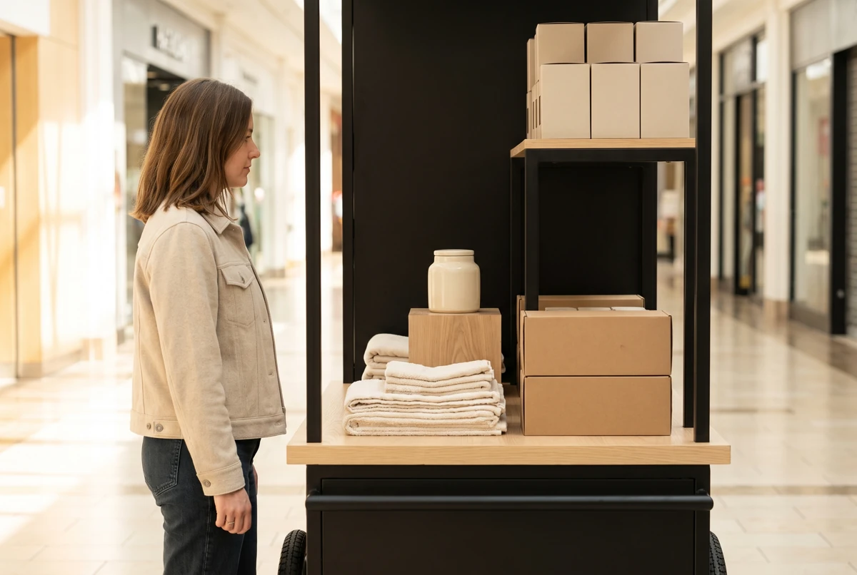 A shopper beside a mall display with merchandise positioned at chest height