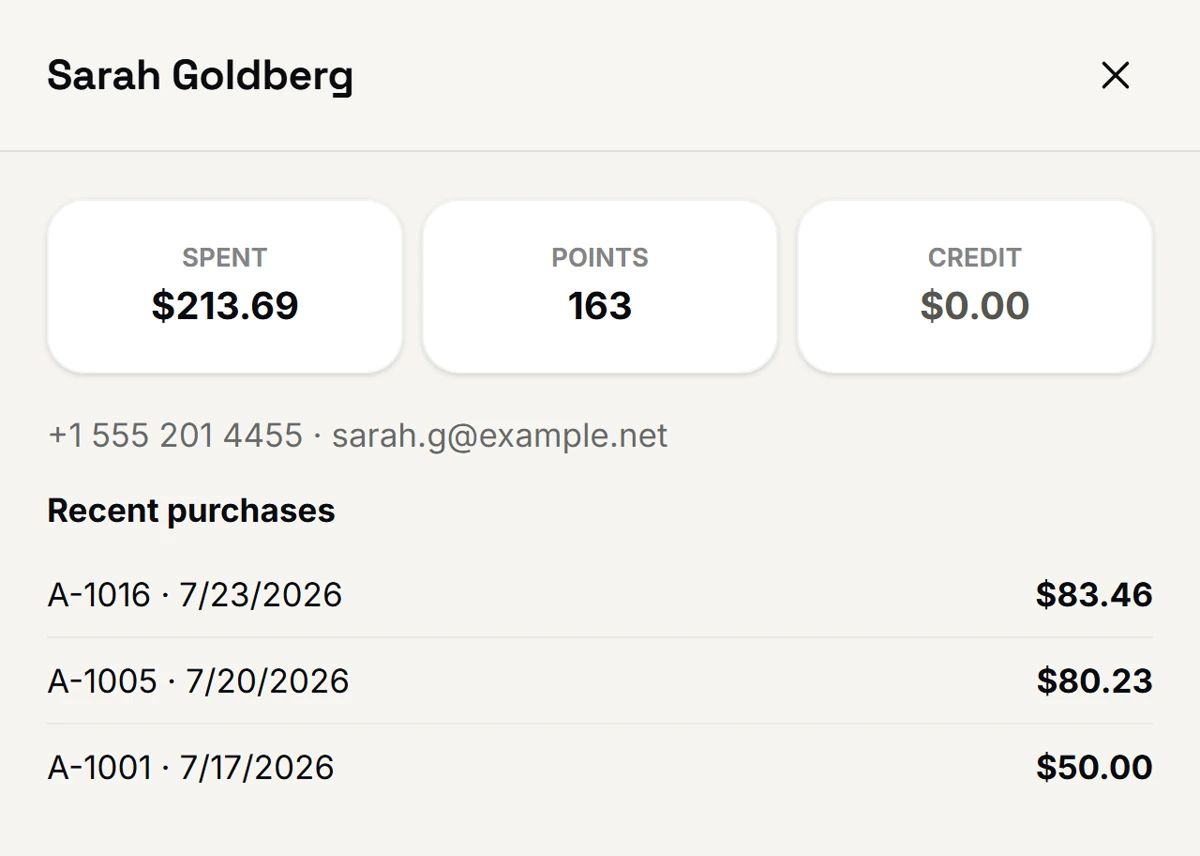 A customer record open on a shop screen: the name Sarah Goldberg, a phone number and email address, three tiles reading spent $213.69, points 163 and credit $0.00, and a Recent purchases list of three dated transactions with receipt numbers and amounts.