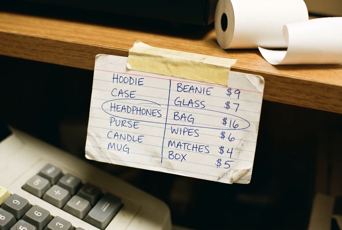 A handwritten product-pairing cheat sheet attached beneath a register shelf