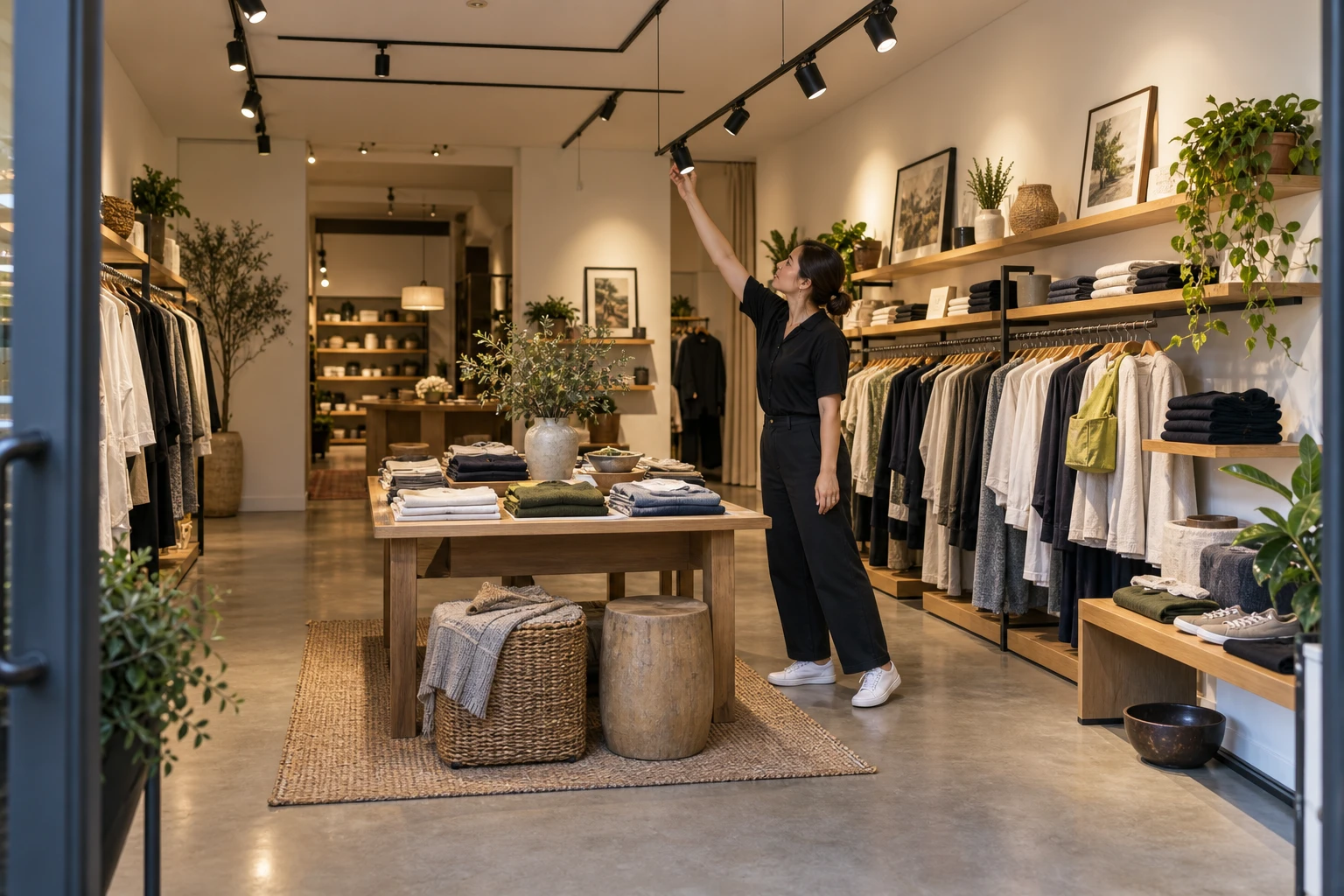 Illustration of a shop assistant adjusting a spotlight toward merchandise in a small clothing store