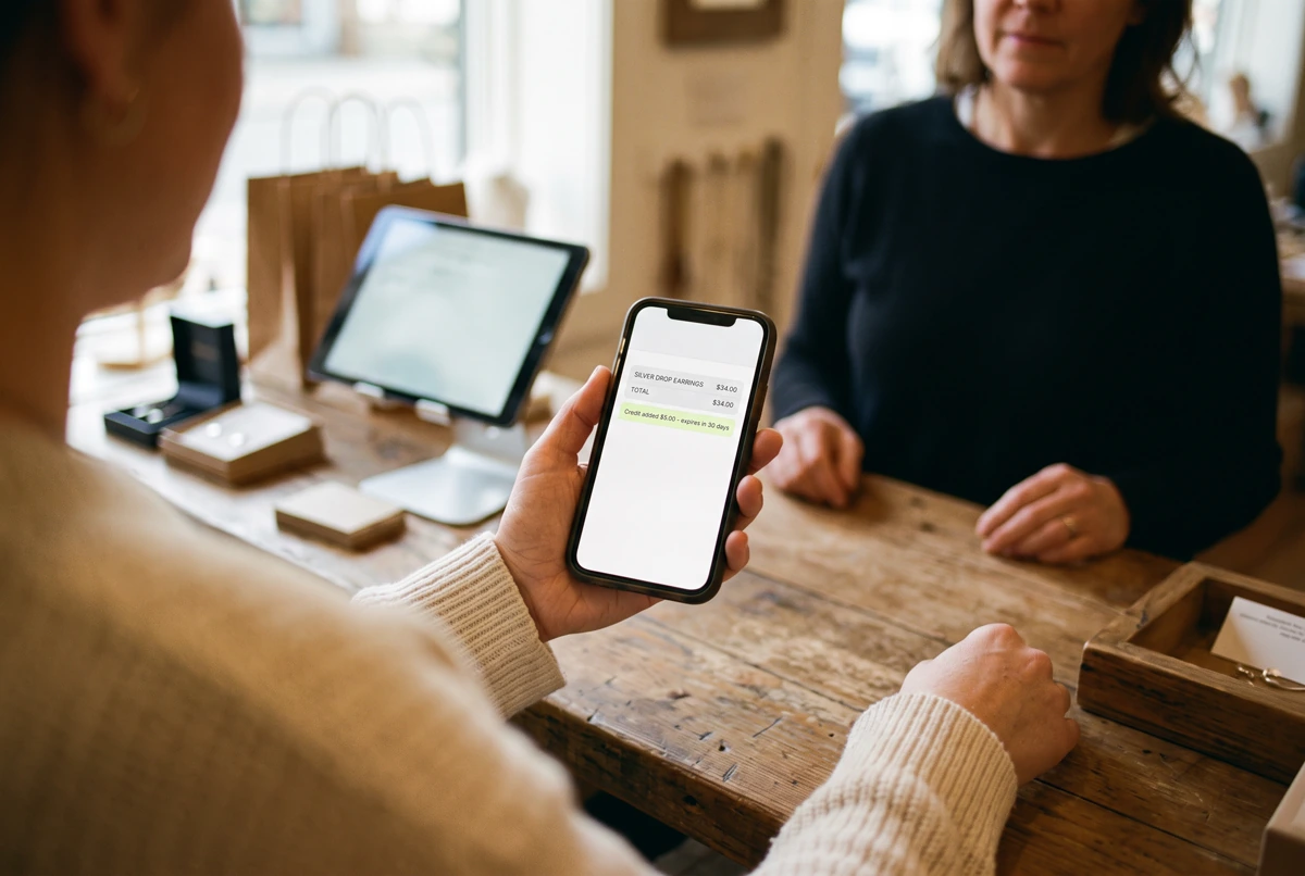 A customer viewing a digital shop receipt on a phone at the counter