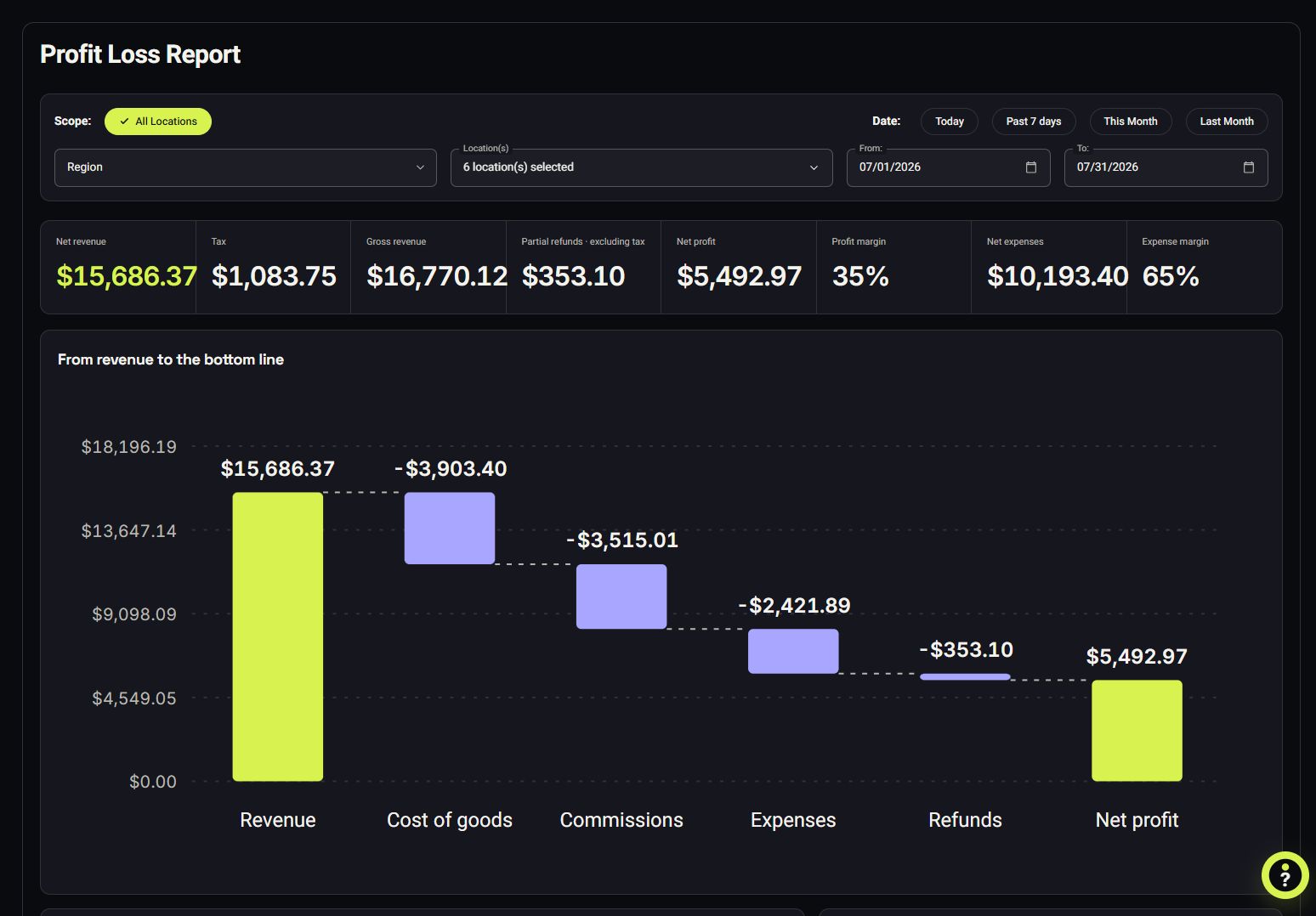 VoVi profit-and-loss report with revenue, expenses and net profit using July demo data