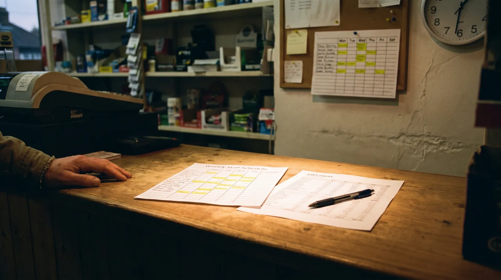 A paper staff schedule on a stockroom desk beside a wall calendar