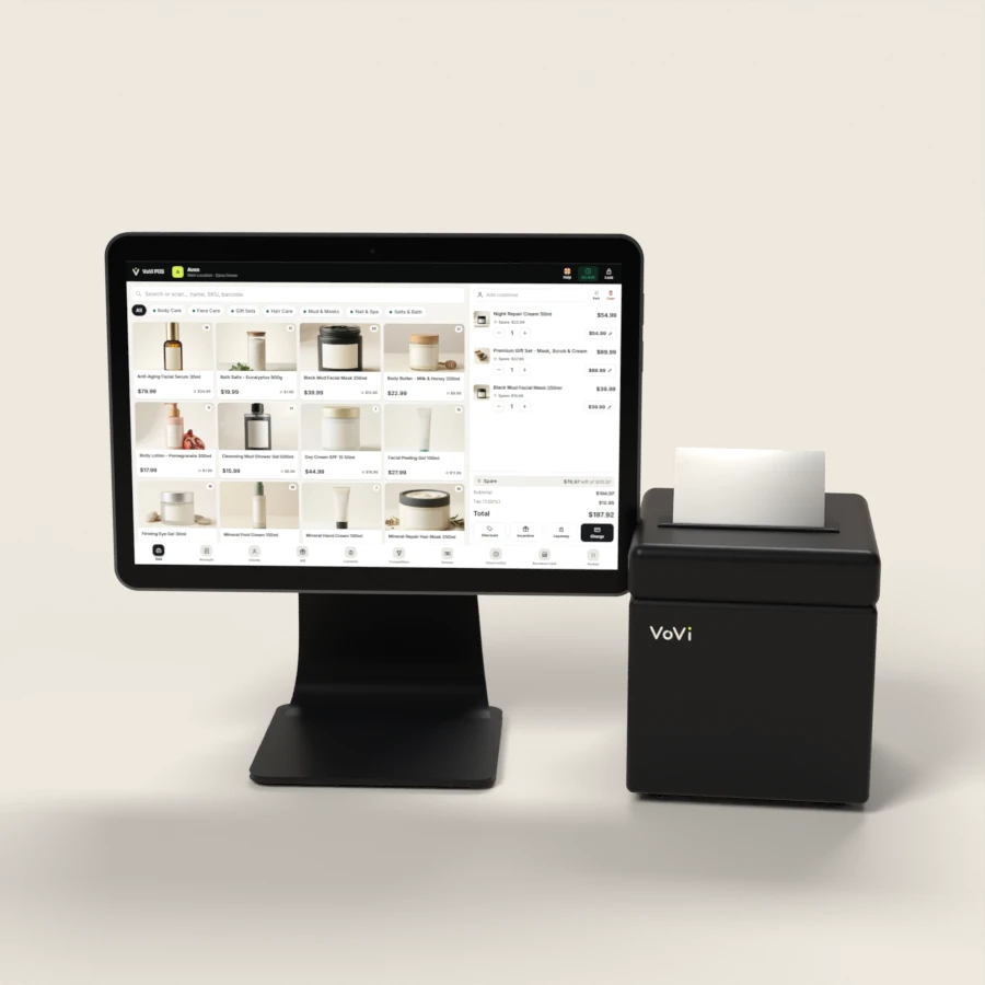 VoVi countertop register and receipt printer showing the space needed for checkout hardware