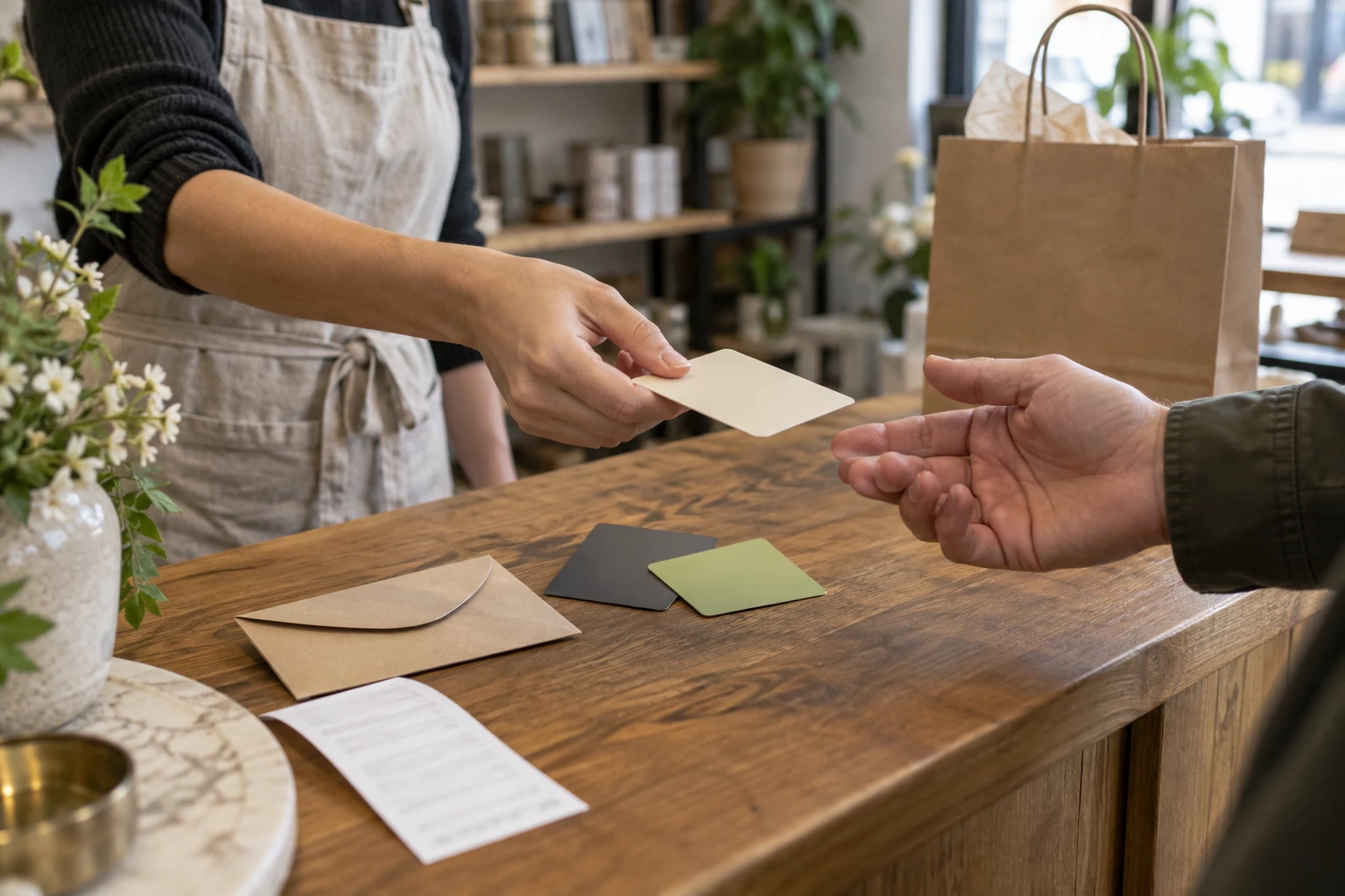 Illustration of a shop assistant handing a blank gift card to a customer beside a receipt and envelope