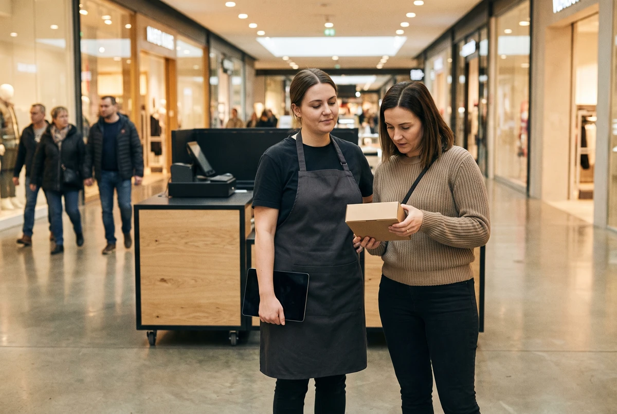 A kiosk seller standing beside a customer while they examine an item together