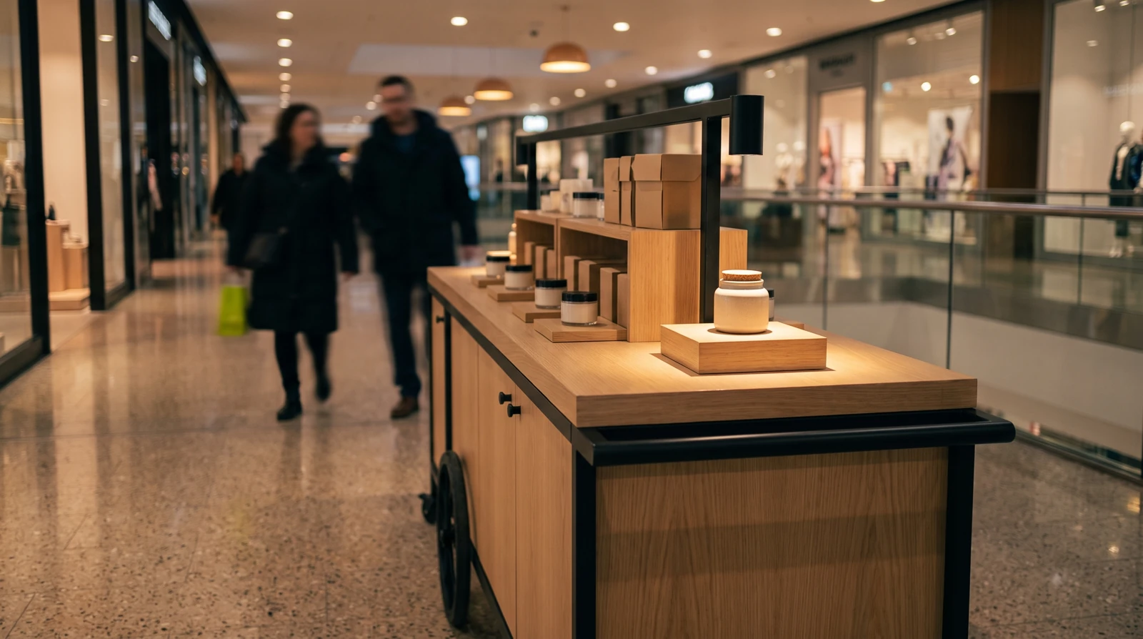 A mall shopper's view down a corridor: a wooden retail cart seen end-on from an approach angle, its long side receding into the distance, with a single pale ceramic jar lit on a riser at chest height on the near counter. Two shoppers walk past blurred in motion under warm evening mall lighting.