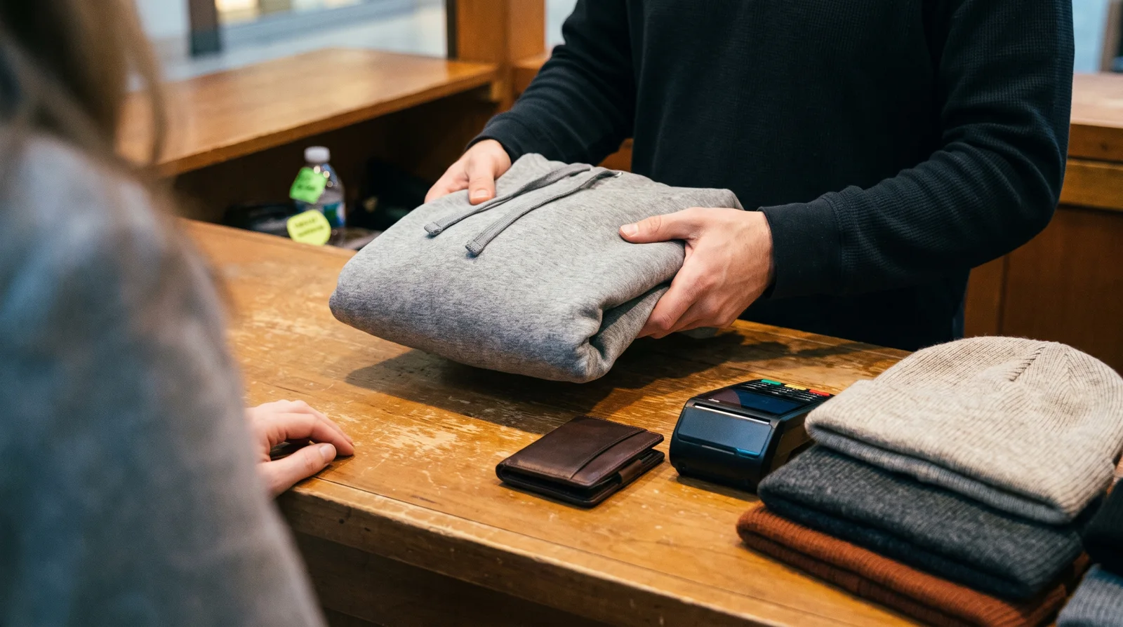 A shop assistant handling a folded garment across a counter with a customer