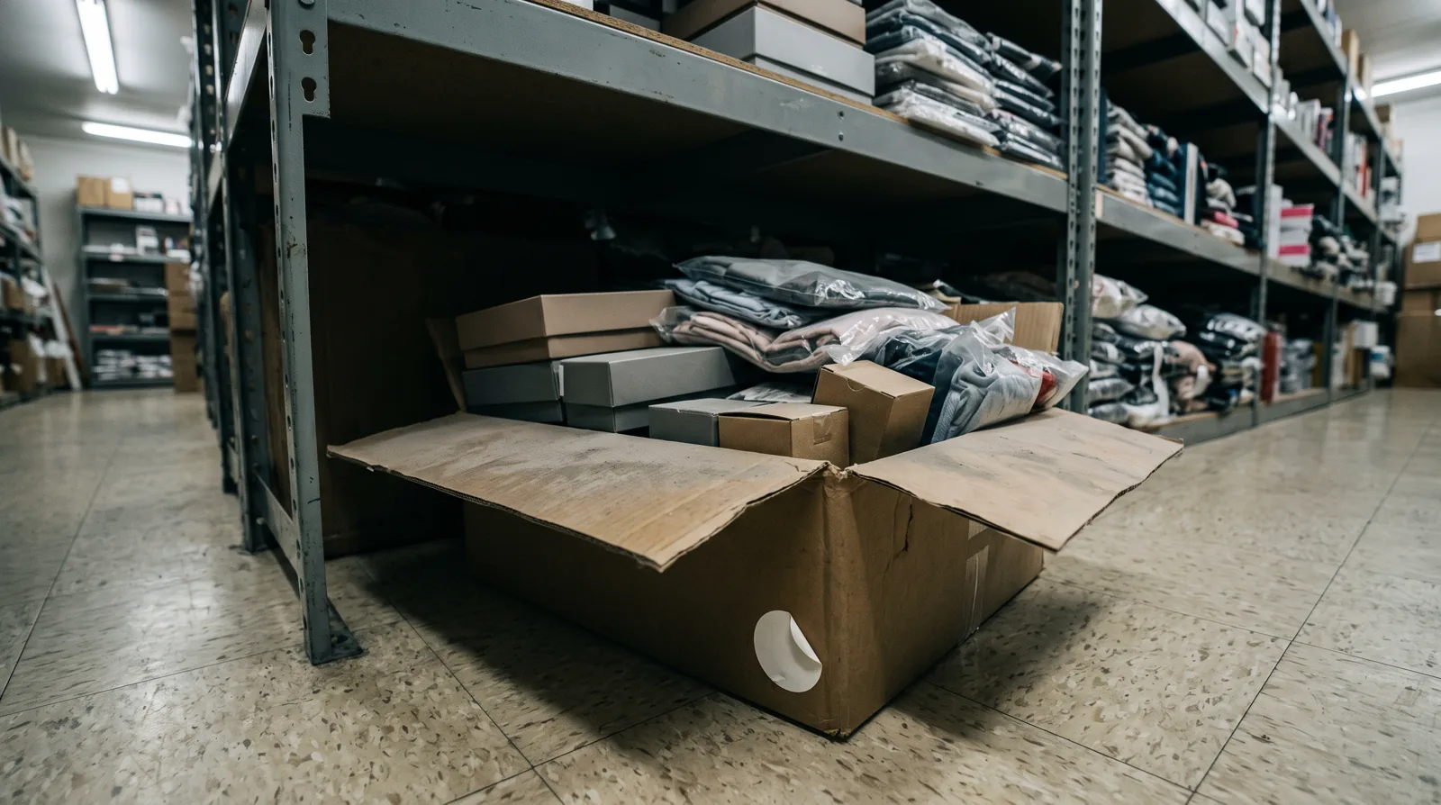 Open boxes of unsold stock on the floor of a shop stockroom