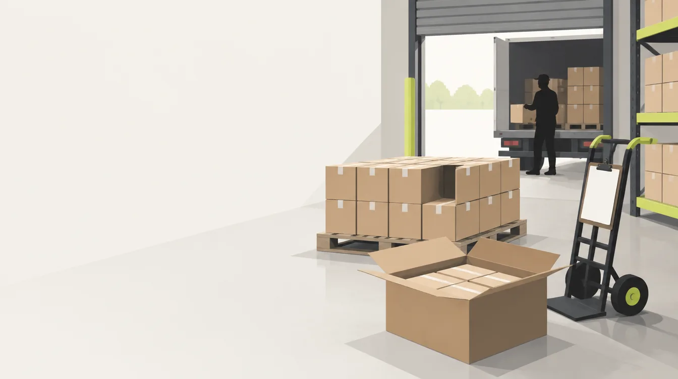 Stockroom receiving bay with a pallet missing one carton, an open case and a clipboard on a hand truck