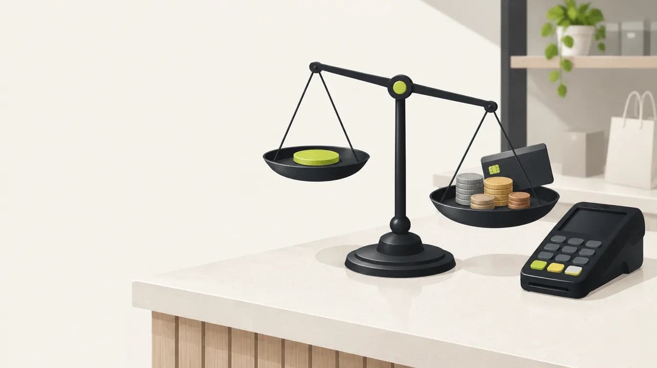 A balance scale on a shop counter weighing one flat coin against mixed coins and a card, beside a payment terminal