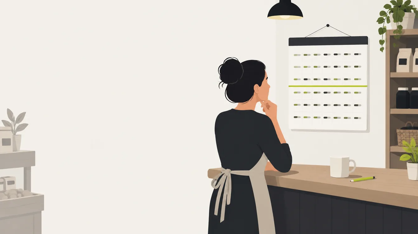 Shop owner at the counter looking at a wall calendar with a lime target line crossing the month