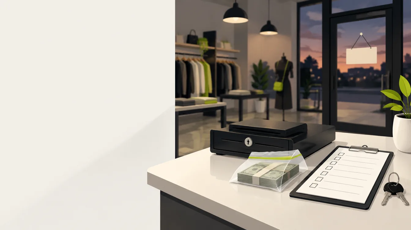 Boutique counter at dusk with a closed cash drawer, a deposit bag of banknotes, a checklist and keys