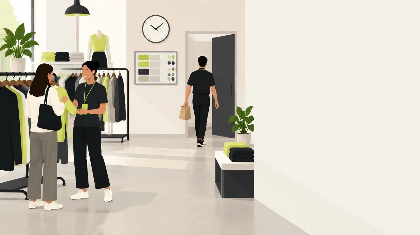 One associate helps a customer on the sales floor while a colleague heads to the back room for a break, under a wall clock