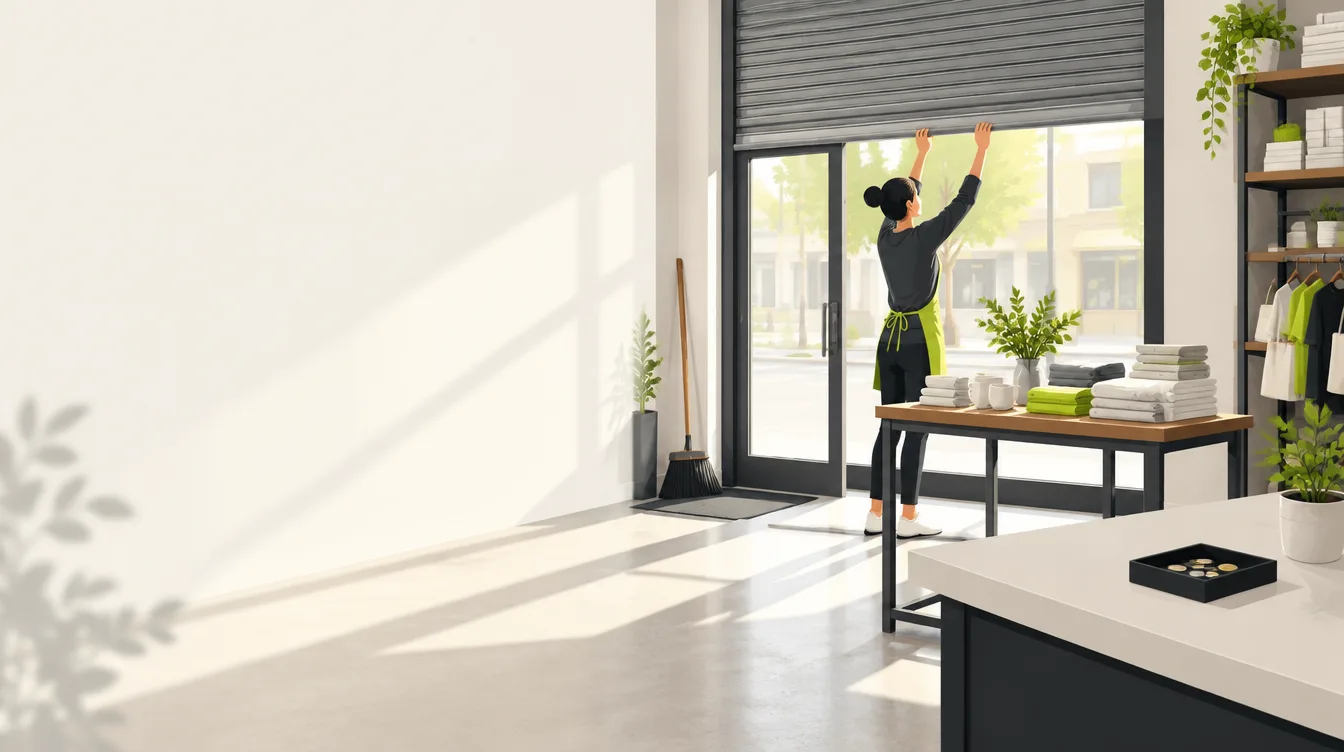 Morning in a small shop: an associate raises the security shutter, a display table is set and a coin tray waits on the counter