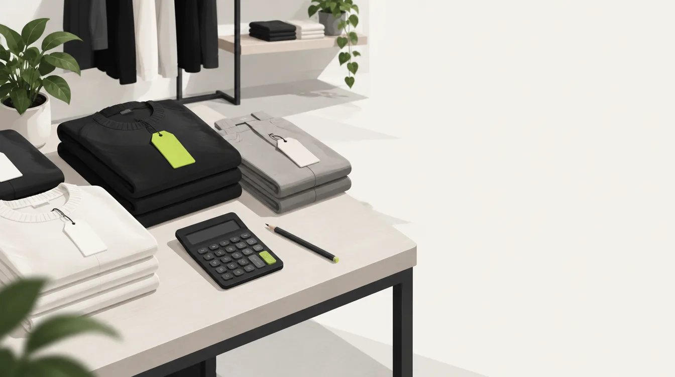 Folded garments with price tags, a calculator and a pencil on a boutique display table