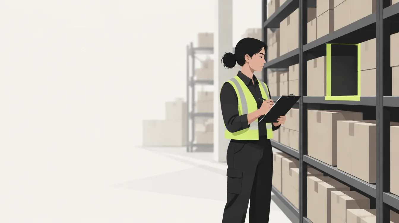 An associate counts boxed stock on stockroom shelves, one gap marked with lime tape