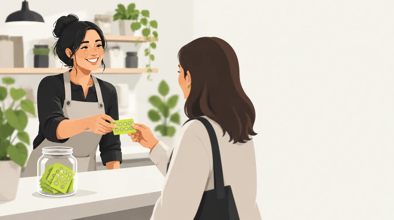 A shop owner hands a lime loyalty card to a returning customer across the counter