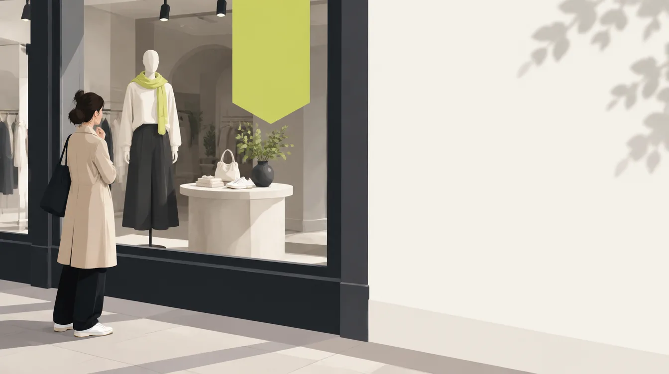 A passer-by pauses at a boutique window with a mannequin and a display table