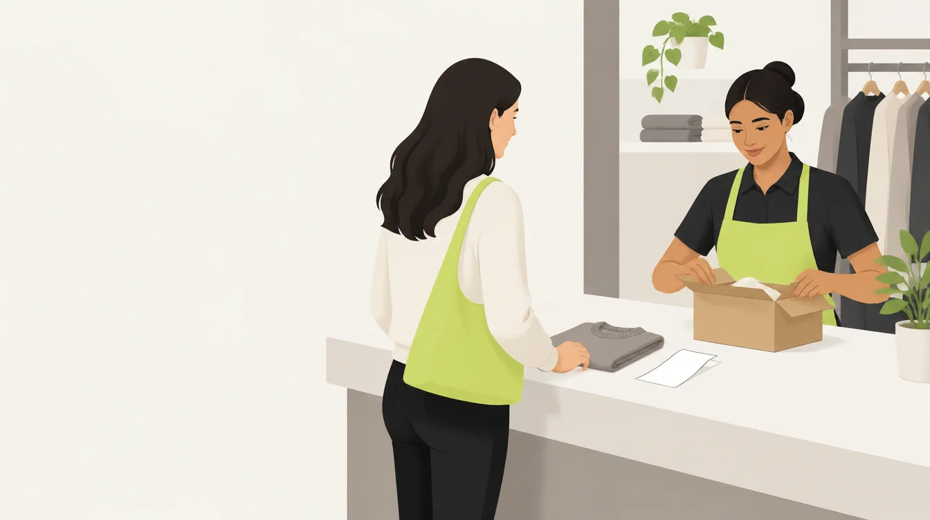A customer returns a folded garment with a receipt while an associate opens a returns box