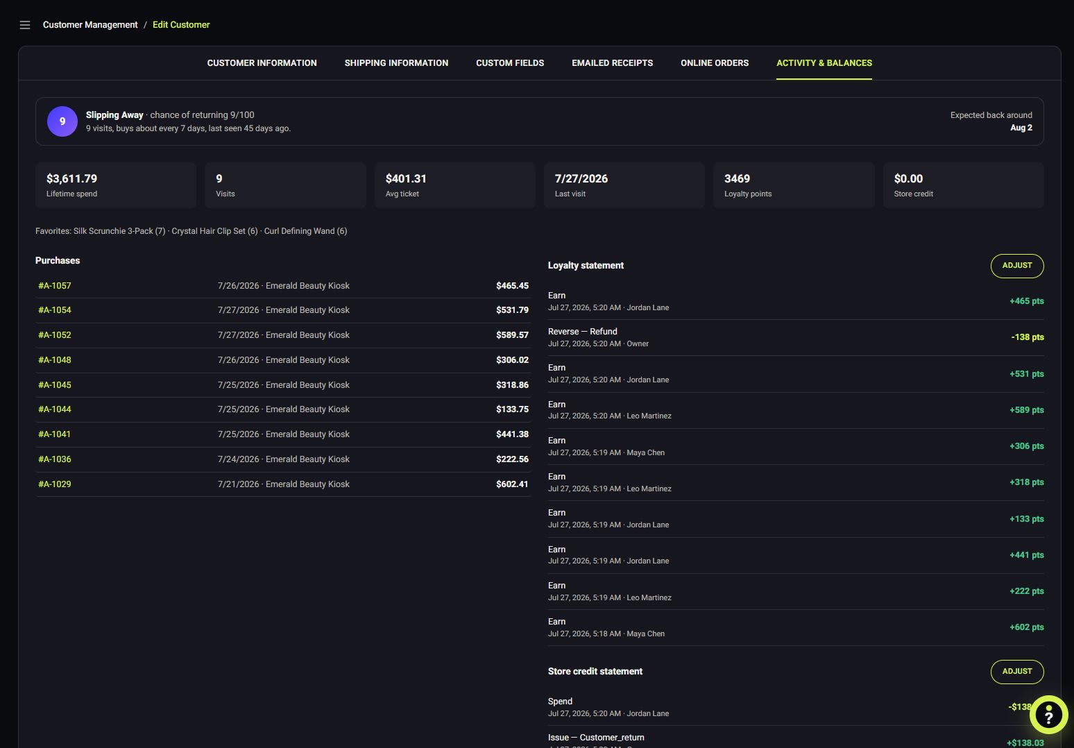 Historical July 2026 VoVi test account customer profile showing purchase history and loyalty ledger