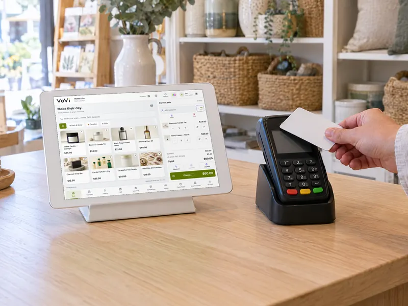 A shop counter: VoVi on a tablet, prices in AUD, beside the shop's own EFTPOS machine