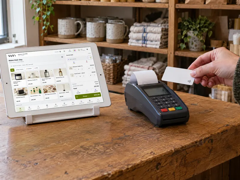 A shop counter: VoVi on a tablet, prices in GBP, beside the shop's own card machine