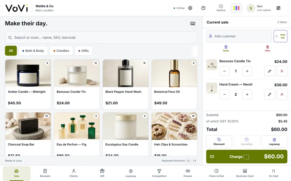 VoVi register on a tablet: a sale ready to charge, prices in AUD