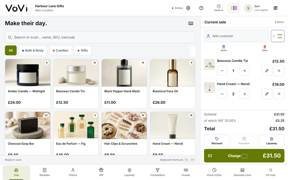 VoVi register on a tablet: a sale ready to charge, prices in GBP