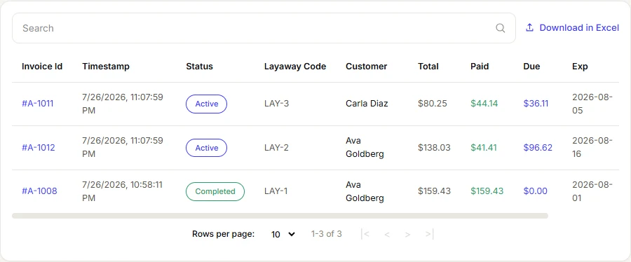 VoVi layaway list showing customers, deposit paid and outstanding balance