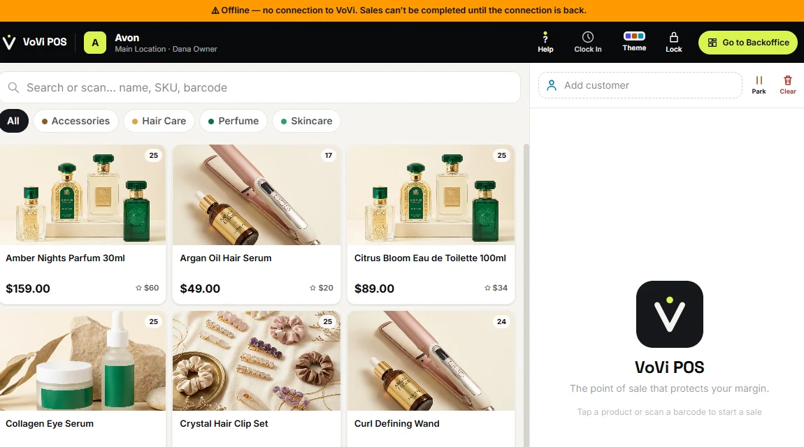 The VoVi register showing its offline banner while the product grid stays fully usable