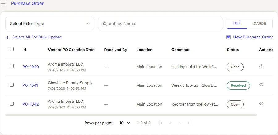 VoVi purchase order screen listing vendor, products, quantities and cost