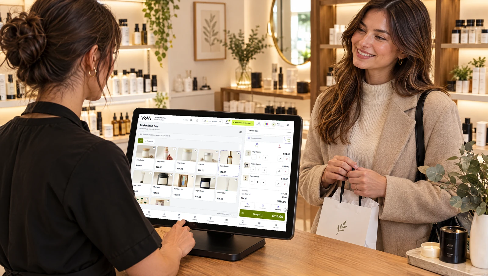 VoVi sales screen with skincare and beauty product photos at a cosmetics shop.