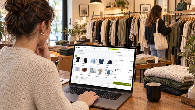 VoVi sales screen with shirts, jeans and accessories on a clothing boutique laptop.