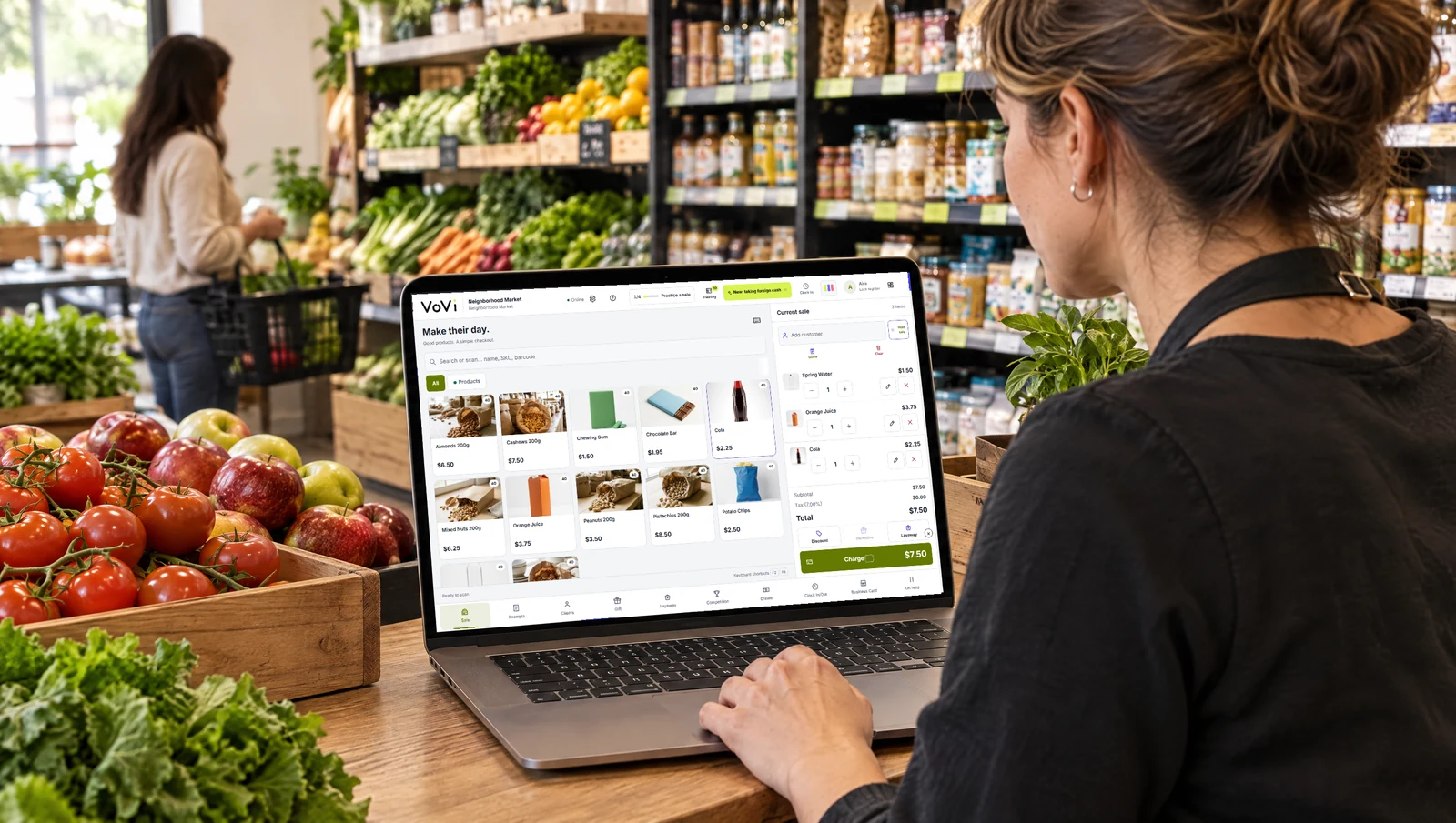 VoVi-Verkaufsbildschirm mit Lebensmittelprodukten an der Ladentheke.