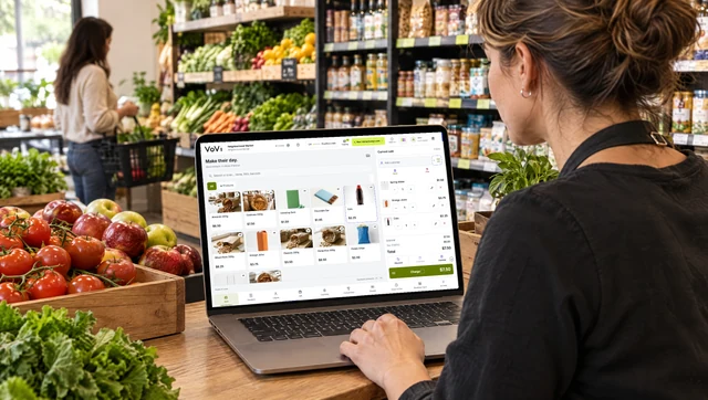 VoVi sales screen with grocery product photos at a neighborhood shop counter.