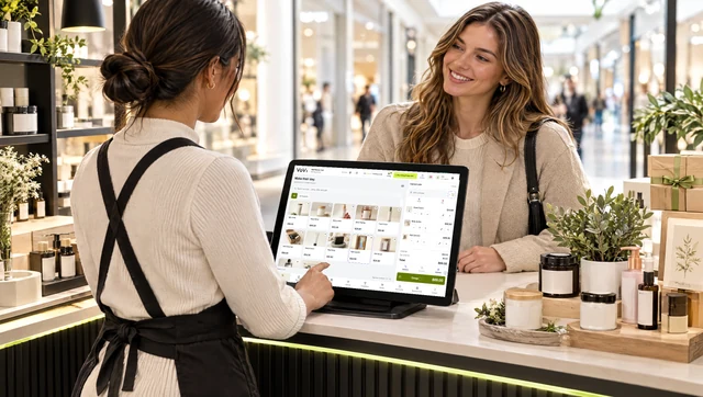 VoVi sales screen with body-care and gift-set product photos at a staffed mall kiosk.