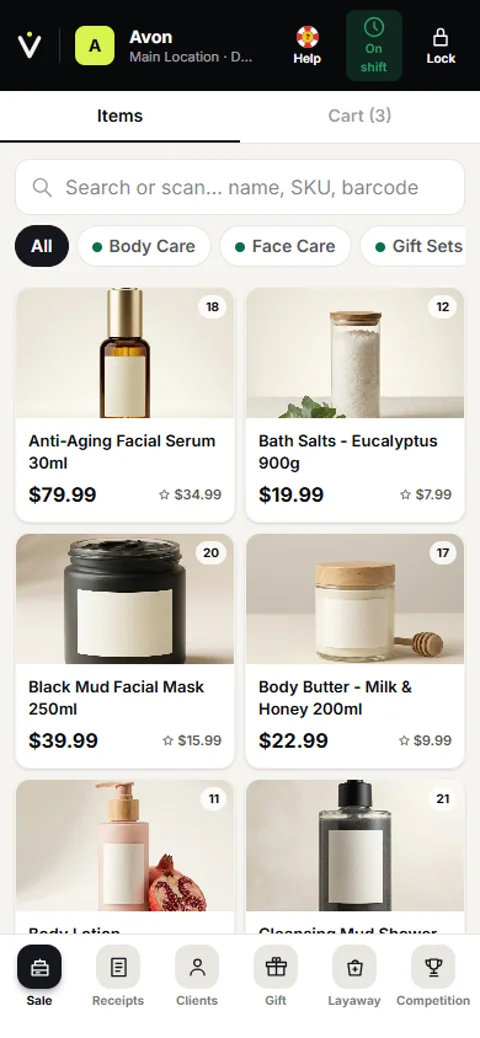 VoVi register on a phone — product grid with cart