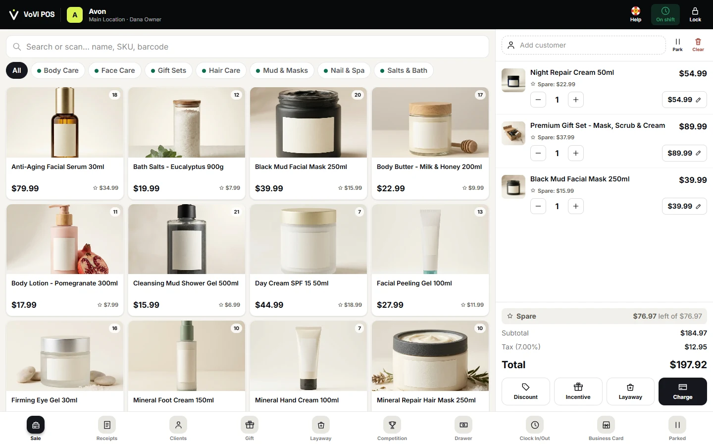 VoVi register sale screen — product grid, cart with three items, totals and charge button