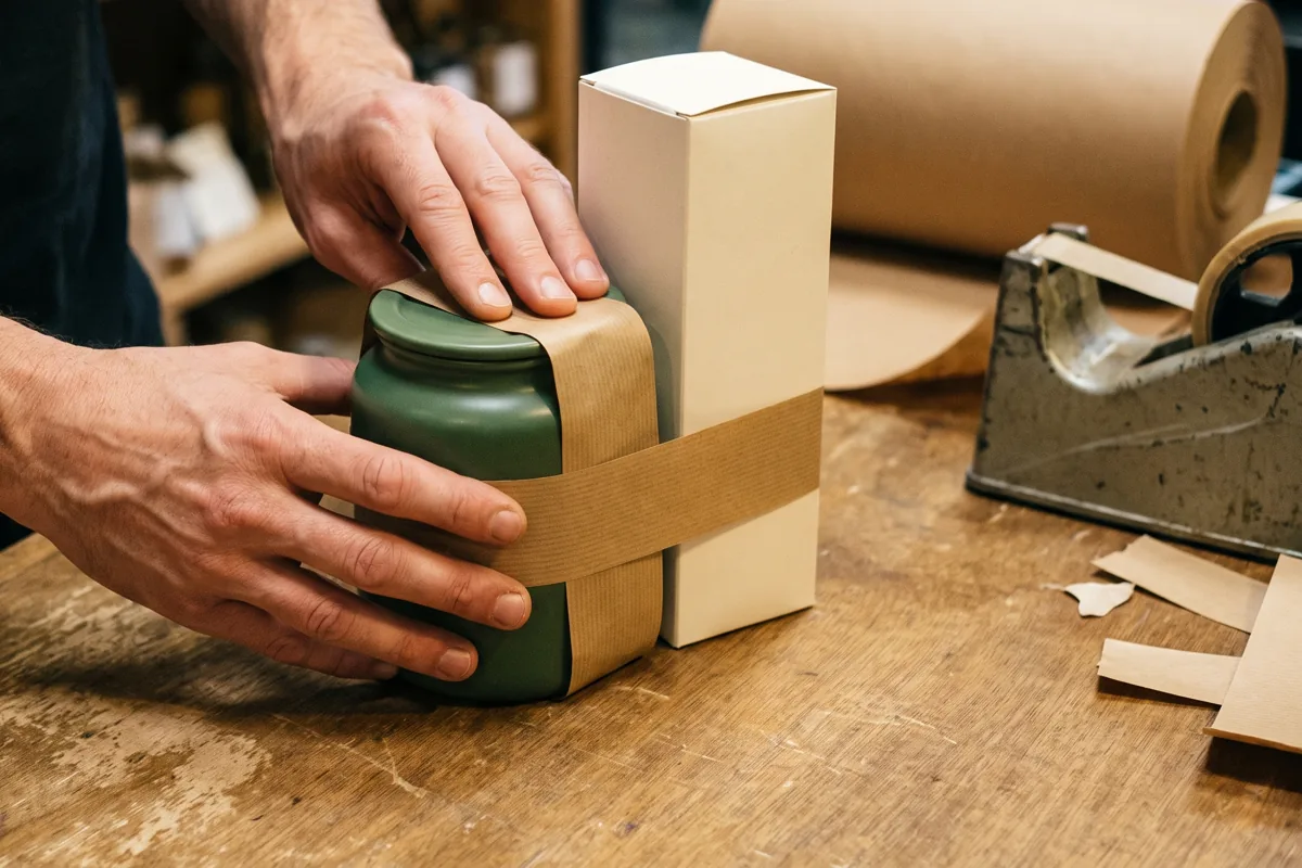 Hands wrapping a green jar and a boxed product together with a kraft-paper band